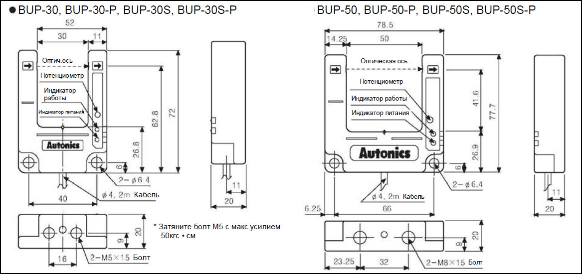 Размеры фотоэлектрических датчиков Autonics серии BUP